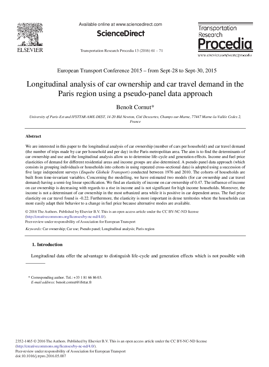 Longitudinal Analysis of Car Ownership and car Travel Demand in the Paris Region using a Pseudo-panel Data Approach 