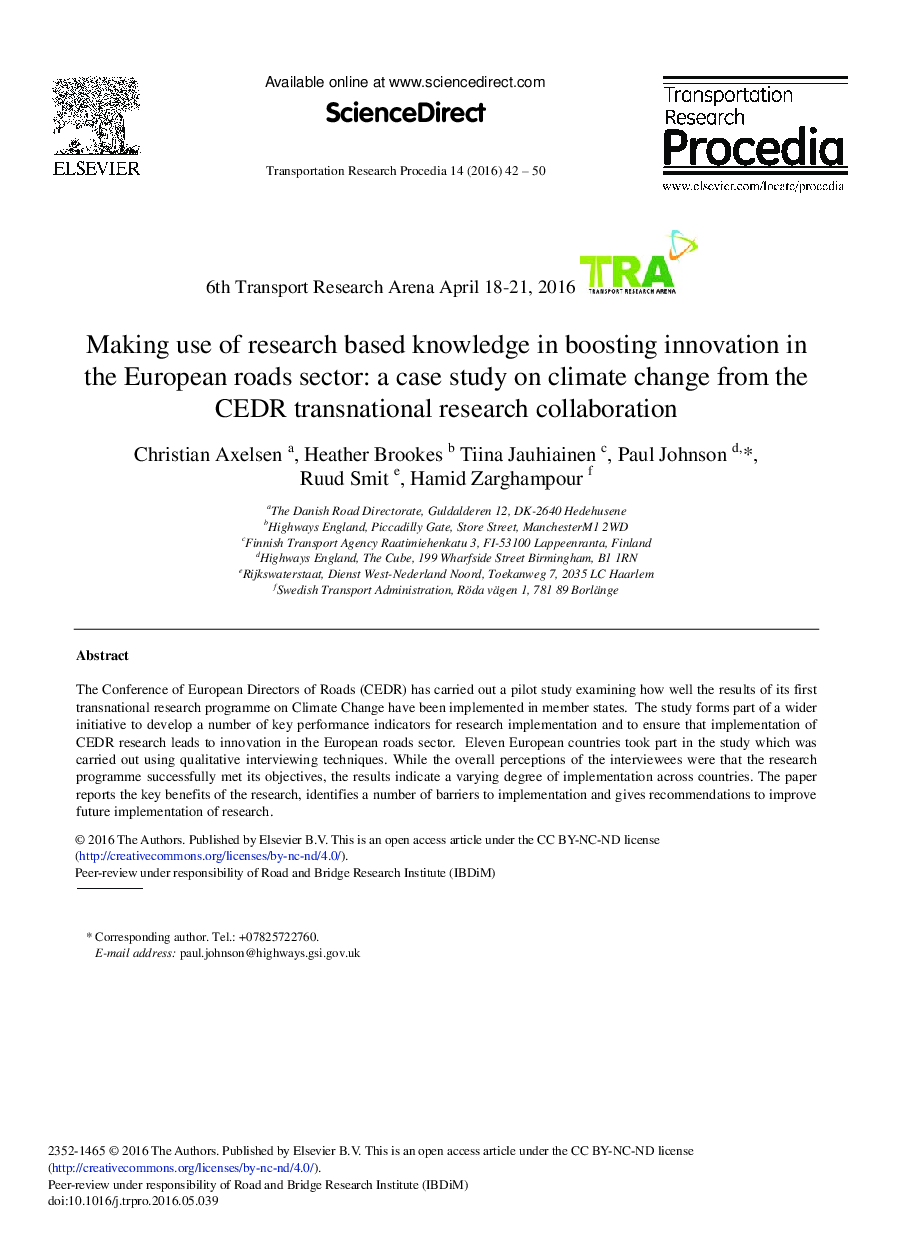 Making Use of Research Based Knowledge in Boosting Innovation in the European Roads Sector: A Case Study on Climate Change from the CEDR Transnational Research Collaboration 