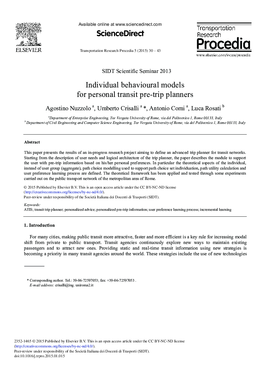 Individual Behavioural Models for Personal Transit Pre-trip Planners 