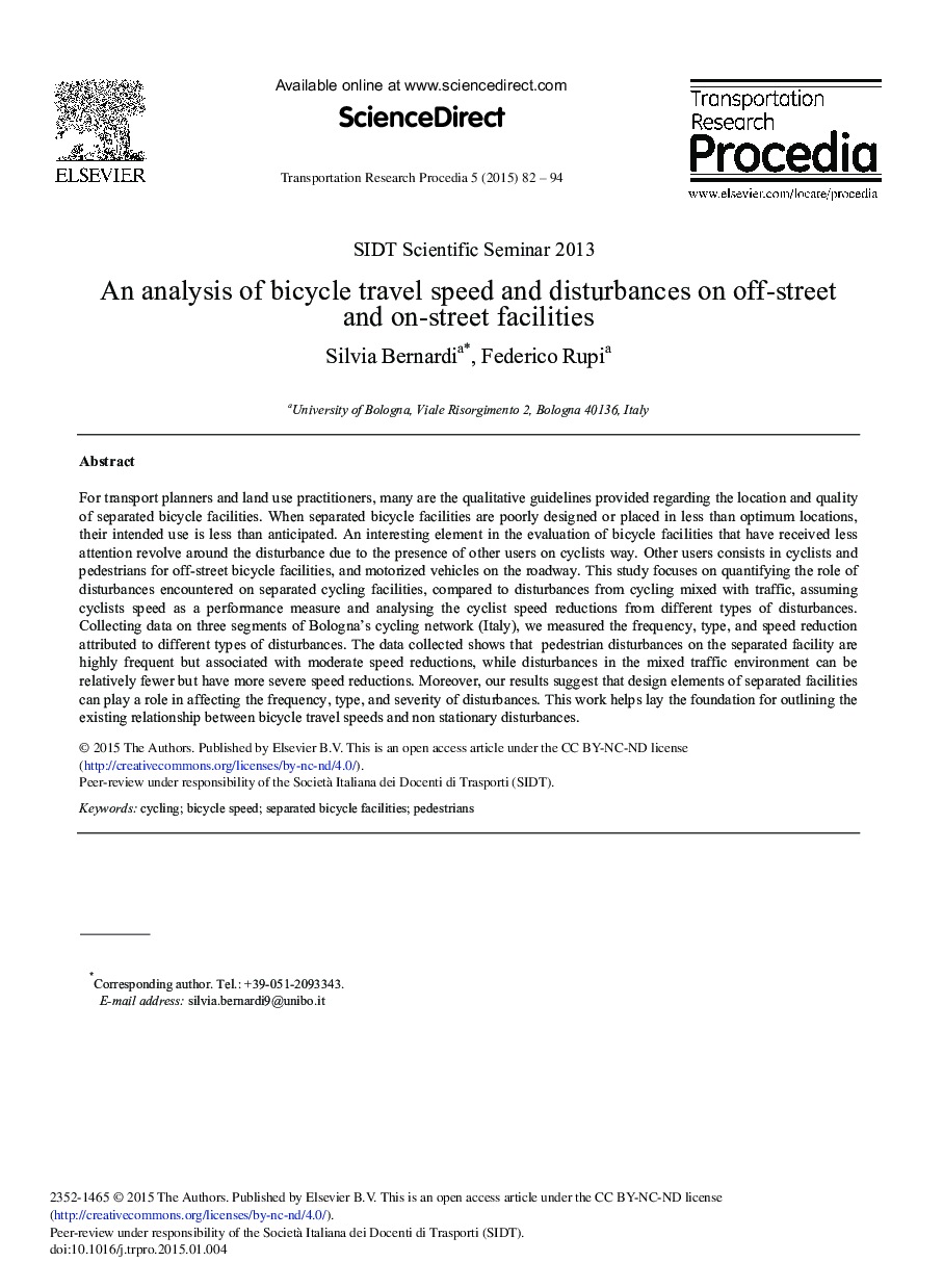 An Analysis of Bicycle Travel Speed and Disturbances on Off-street and On-street Facilities 