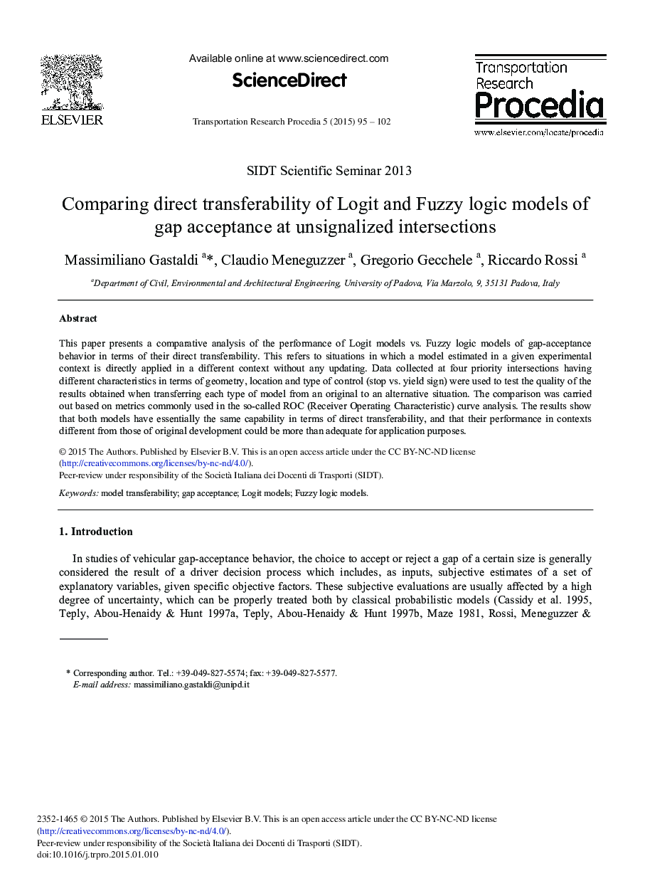 Comparing Direct Transferability of Logit and Fuzzy Logic Models of Gap Acceptance at Unsignalized Intersections 