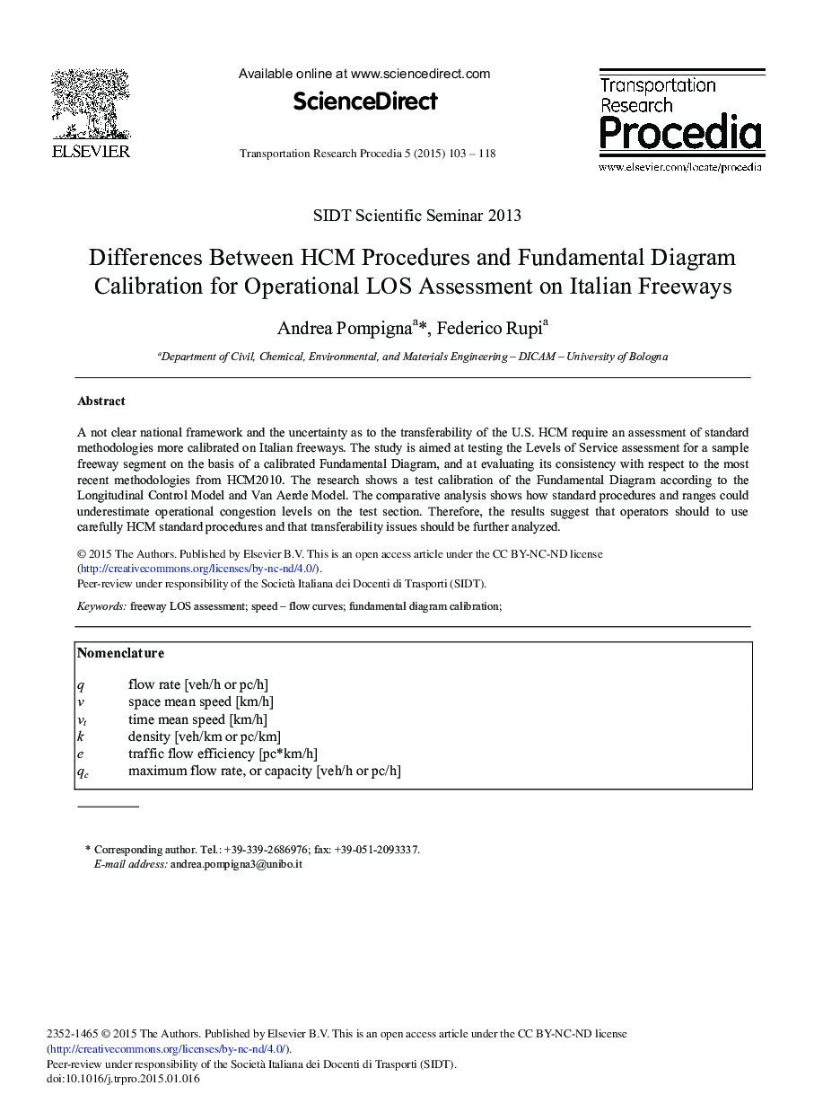 Differences between HCM Procedures and Fundamental Diagram Calibration for Operational LOS Assessment on Italian Freeways 