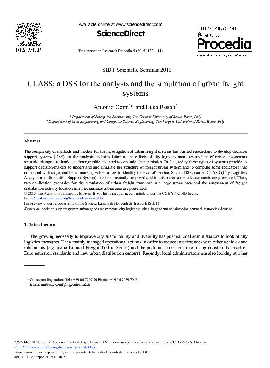 CLASS: A DSS for the Analysis and the Simulation of Urban Freight Systems 