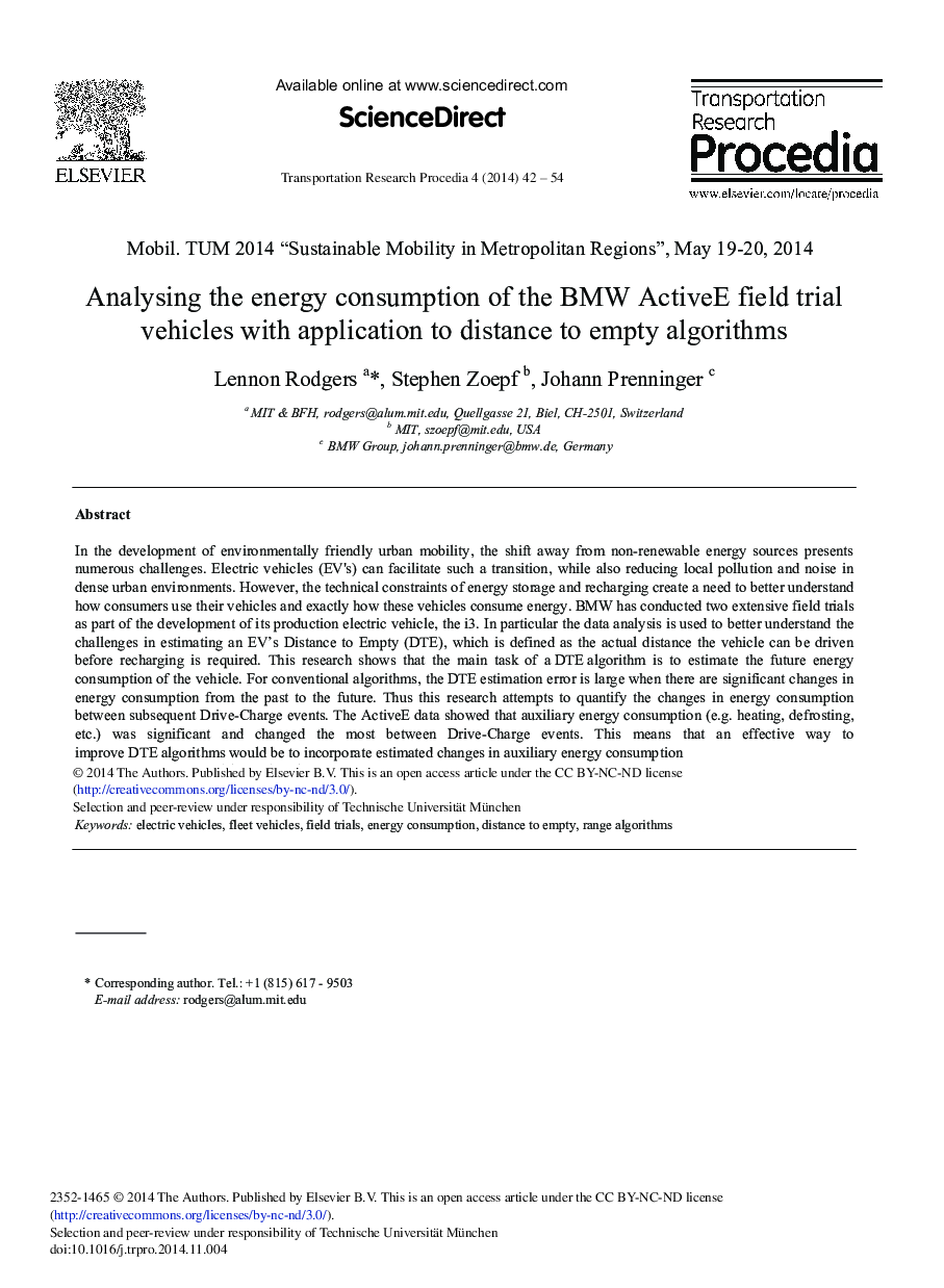 Analysing the Energy Consumption of the BMW ActiveE Field Trial Vehicles with Application to Distance to Empty Algorithms 