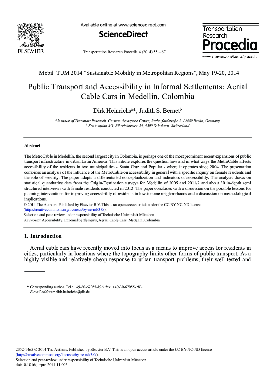 Public Transport and Accessibility in Informal Settlements: Aerial Cable Cars in Medellín, Colombia 