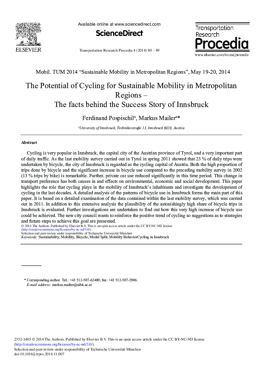 The Potential of Cycling for Sustainable Mobility in Metropolitan Regions – The Facts behind the Success Story of Innsbruck 