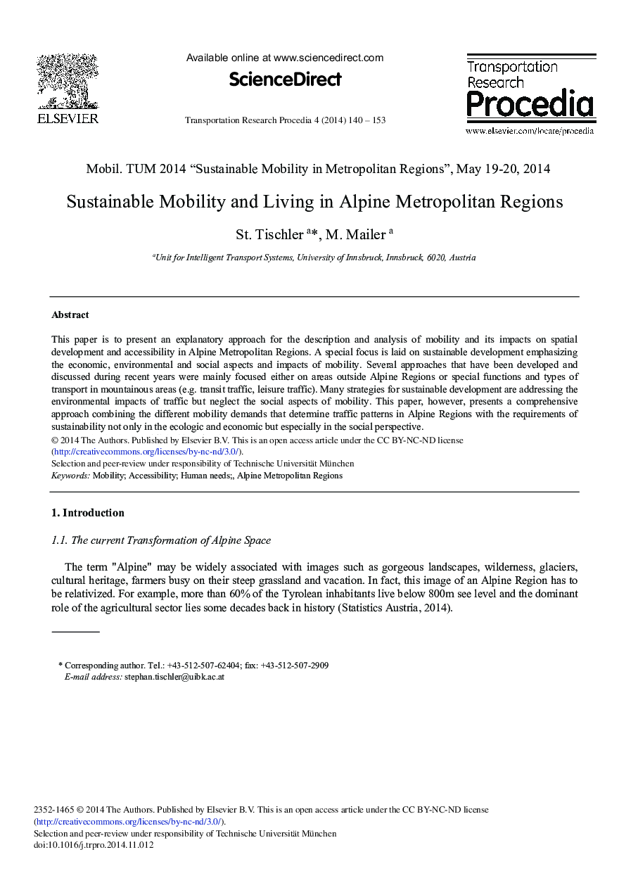 Sustainable Mobility and Living in Alpine Metropolitan Regions 