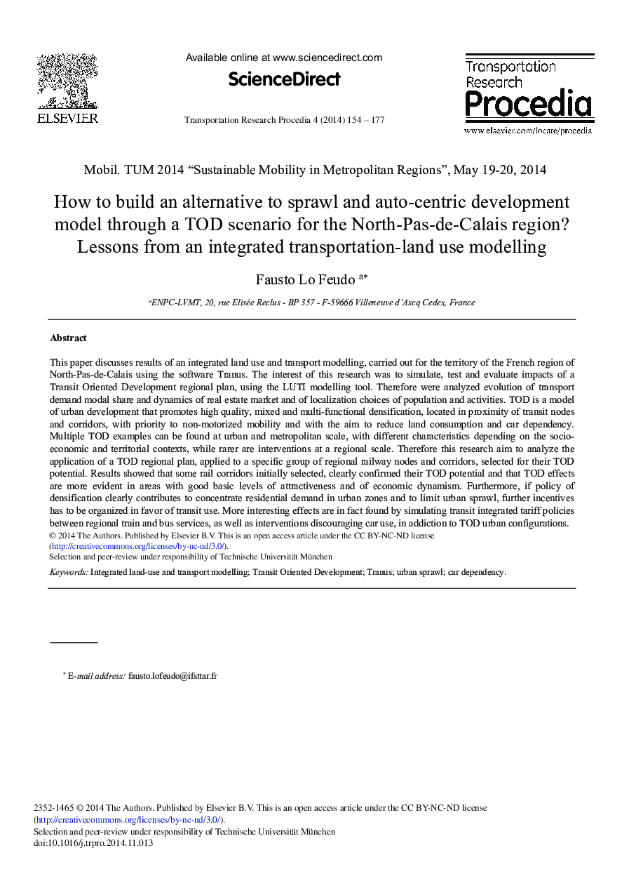 How to Build an Alternative to Sprawl and Auto-centric Development Model through a TOD Scenario for the North-Pas-de-Calais Region? Lessons from an Integrated Transportation-land Use Modelling 