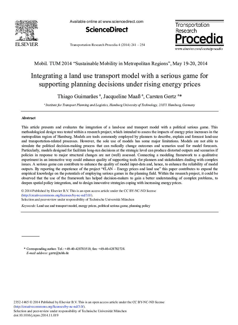 Integrating a Land Use Transport Model with a Serious Game for Supporting Planning Decisions under Rising Energy Prices 