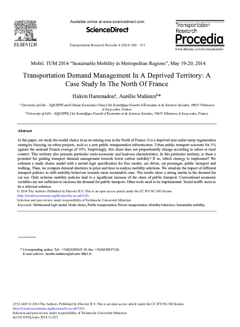 Transportation Demand Management in a Deprived Territory: A Case Study in the North of France 