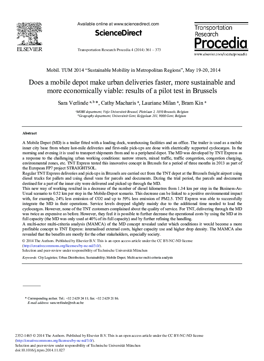 Does a Mobile Depot Make Urban Deliveries Faster, More Sustainable and More Economically Viable: Results of a Pilot Test in Brussels 