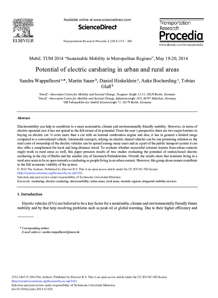 Potential of Electric Carsharing in Urban and Rural Areas 