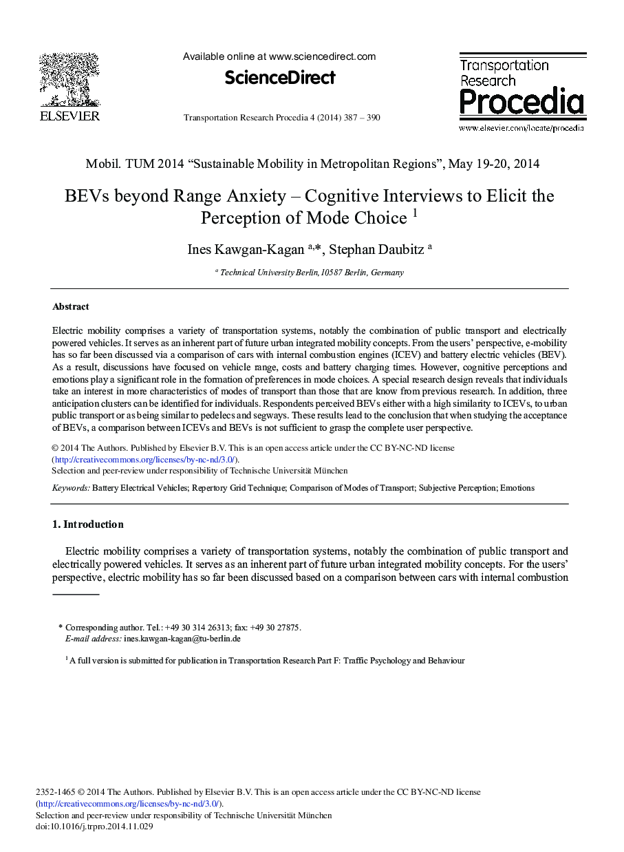 BEVs beyond Range Anxiety – Cognitive Interviews to Elicit the Perception of Mode Choice1 