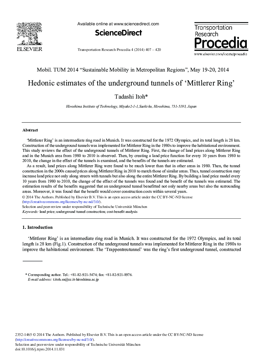 Hedonic Estimates of the Underground Tunnels of ‘Mittlerer Ring’ 