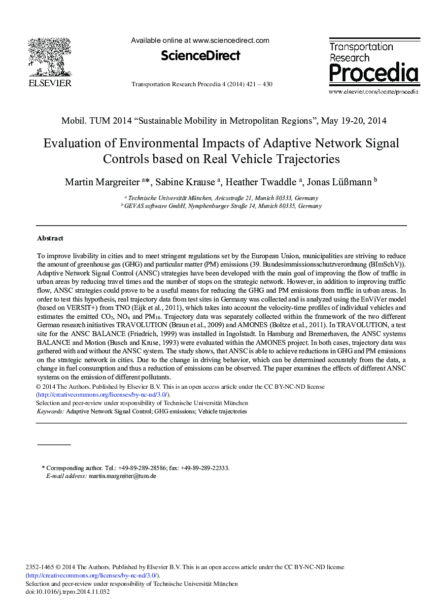 Evaluation of Environmental Impacts of Adaptive Network Signal Controls Based on Real Vehicle Trajectories 