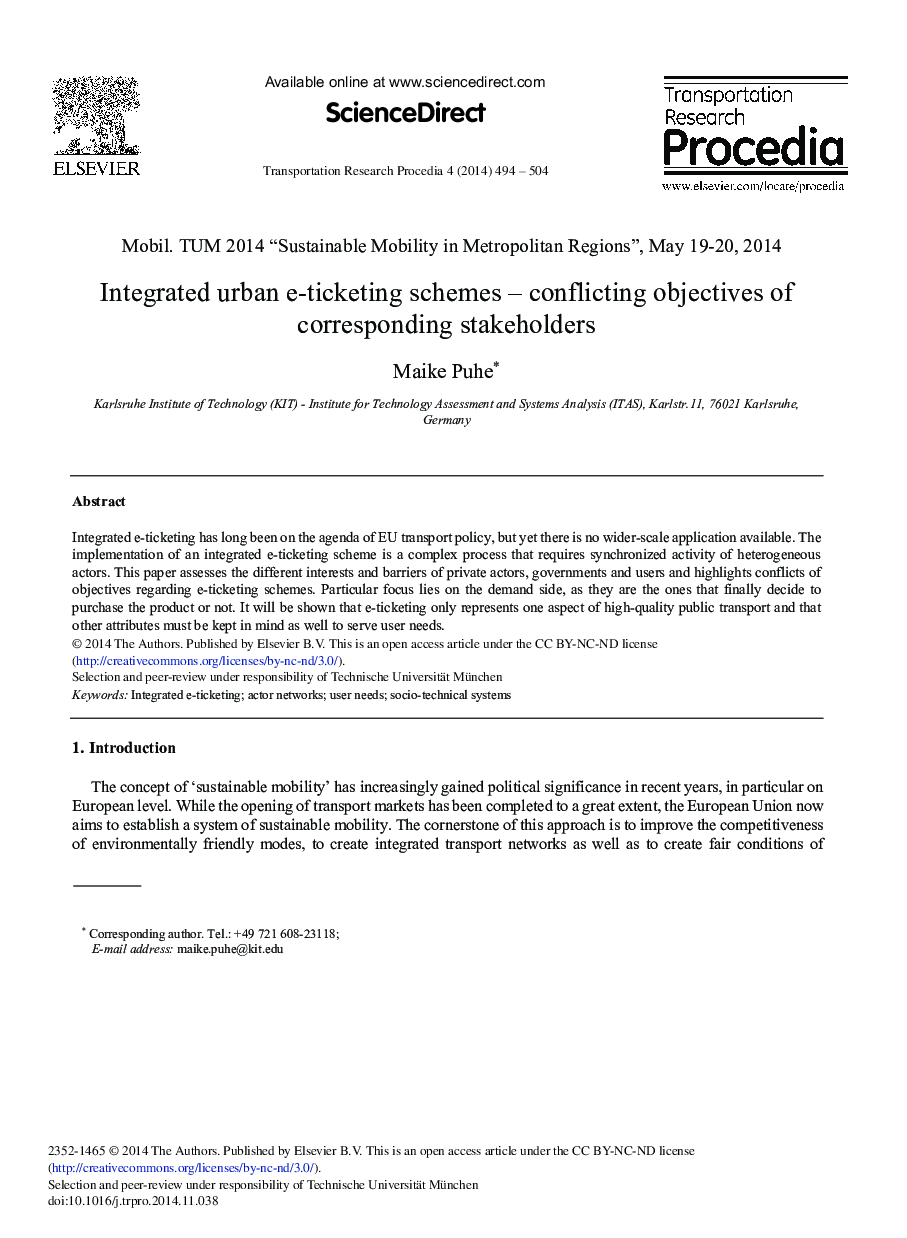 Integrated Urban E-ticketing Schemes – Conflicting Objectives of Corresponding Stakeholders 