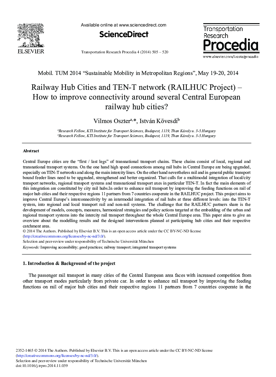 Railway Hub Cities and TEN-T Network (RAILHUC Project) – How to Improve Connectivity Around Several Central European Railway Hub Cities? 