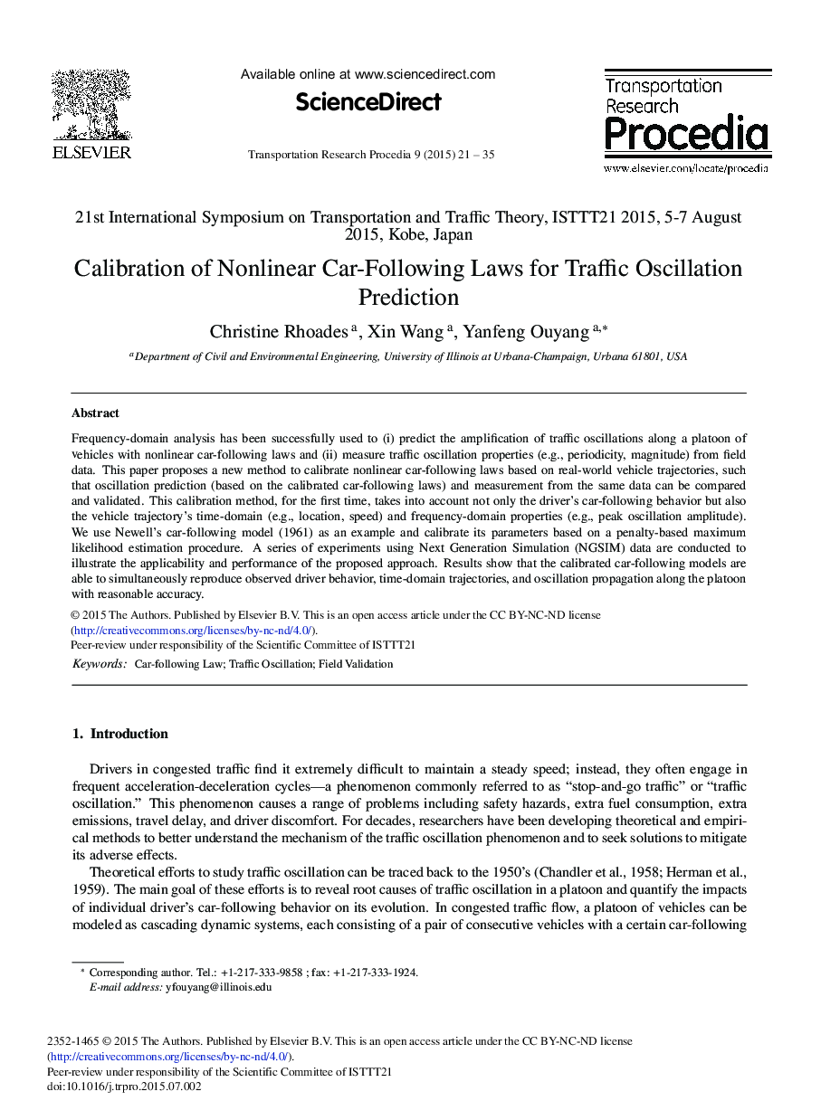 Calibration of Nonlinear Car-Following Laws for Traffic Oscillation Prediction 