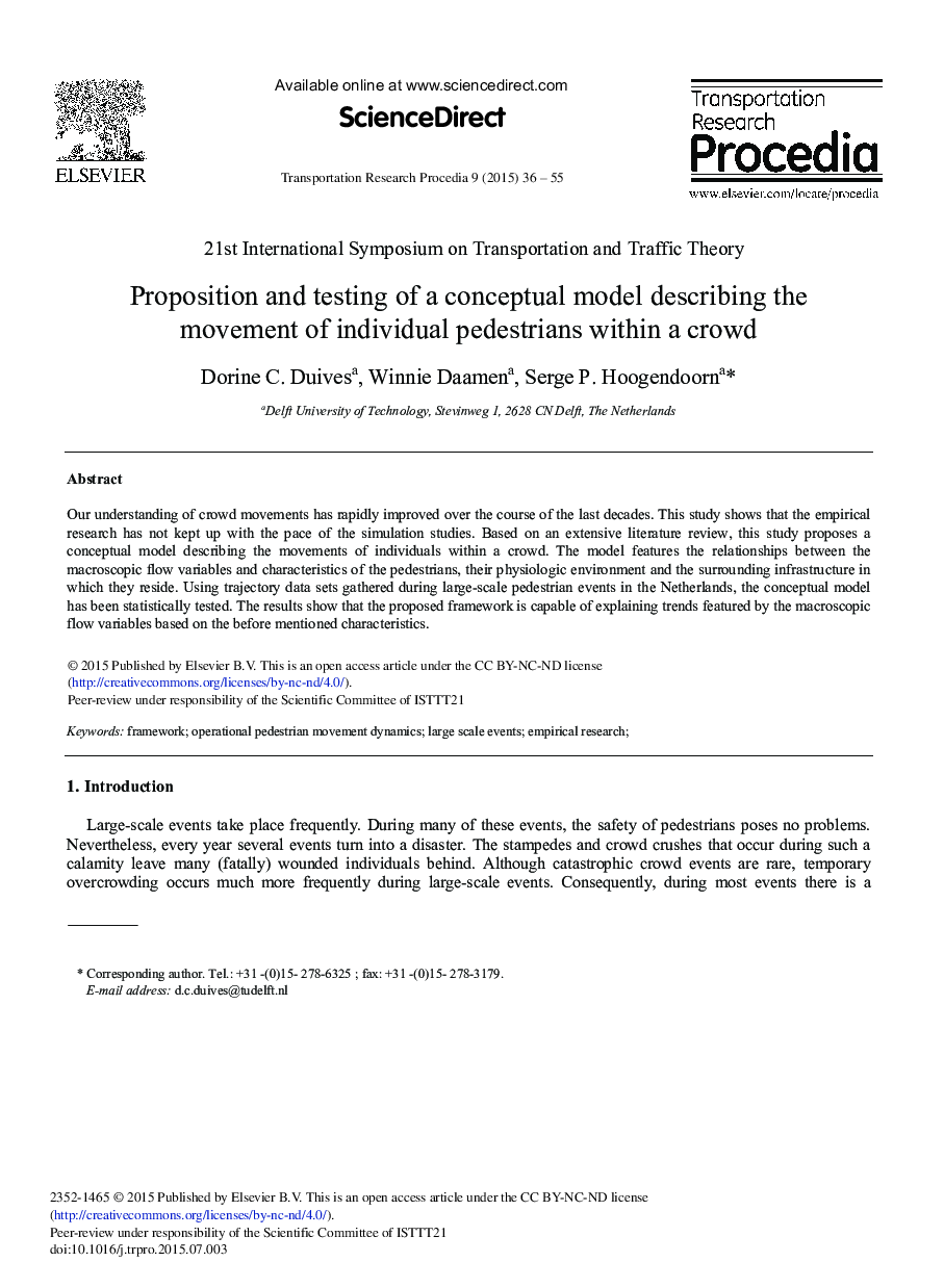 Proposition and Testing of a Conceptual Model Describing the Movement of Individual Pedestrians within a Crowd 