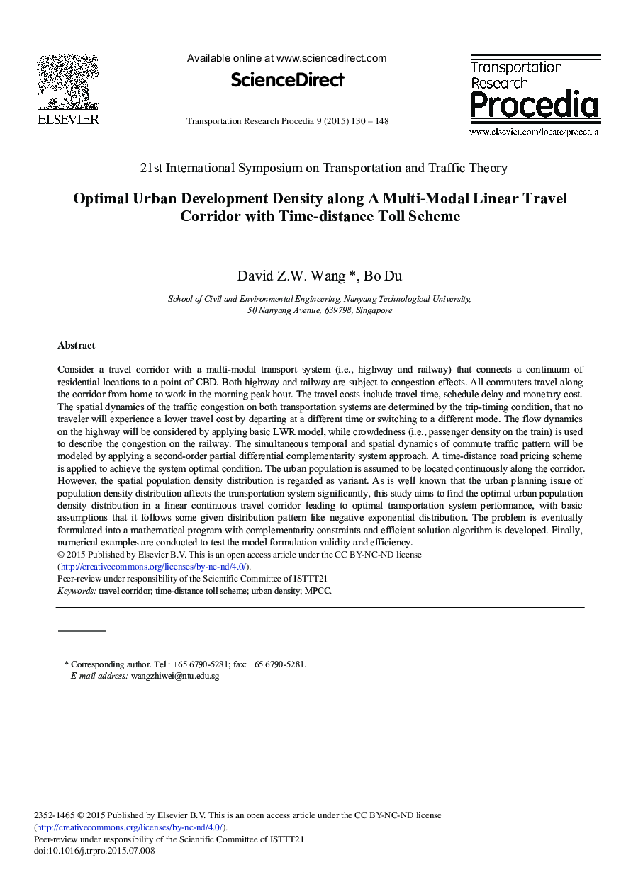 Optimal Urban Development Density along A Multi-Modal Linear Travel Corridor with Time-distance Toll Scheme 