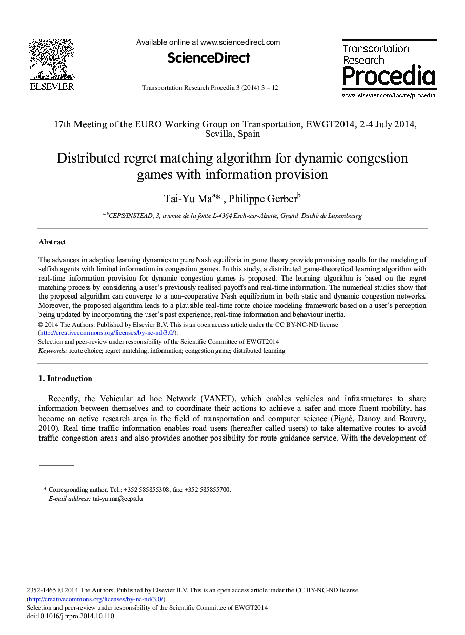 Distributed Regret Matching Algorithm for Dynamic Congestion Games with Information Provision 