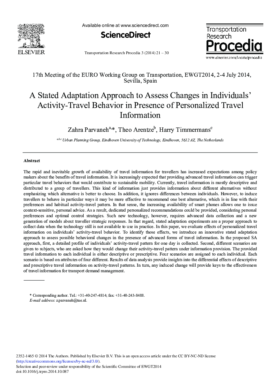 A Stated Adaptation Approach to Assess Changes in Individuals’ Activity-travel Behavior in Presence of Personalized Travel Information 