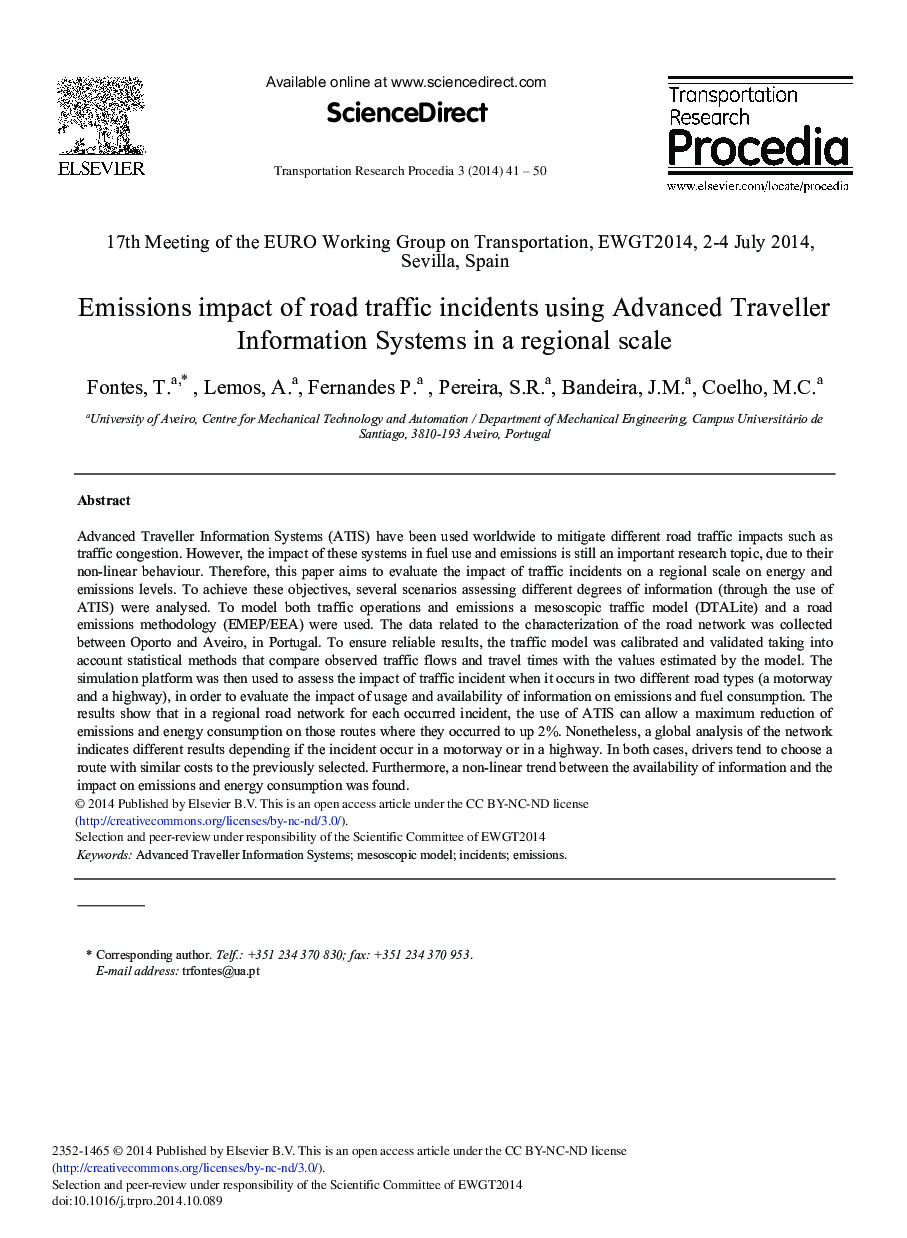 Emissions Impact of Road Traffic Incidents Using Advanced Traveller Information Systems in a Regional Scale 