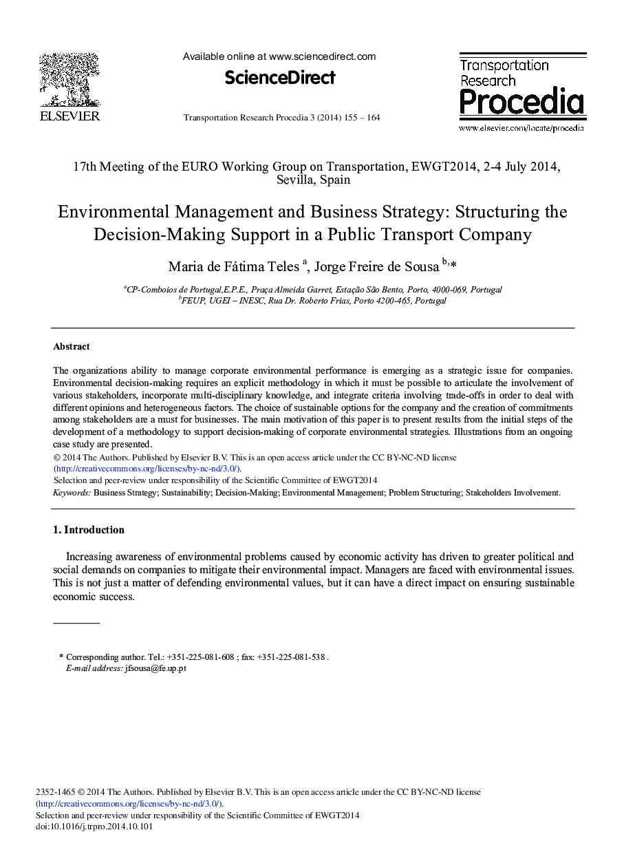 Environmental Management and Business Strategy: Structuring the Decision-Making Support in a Public Transport Company 