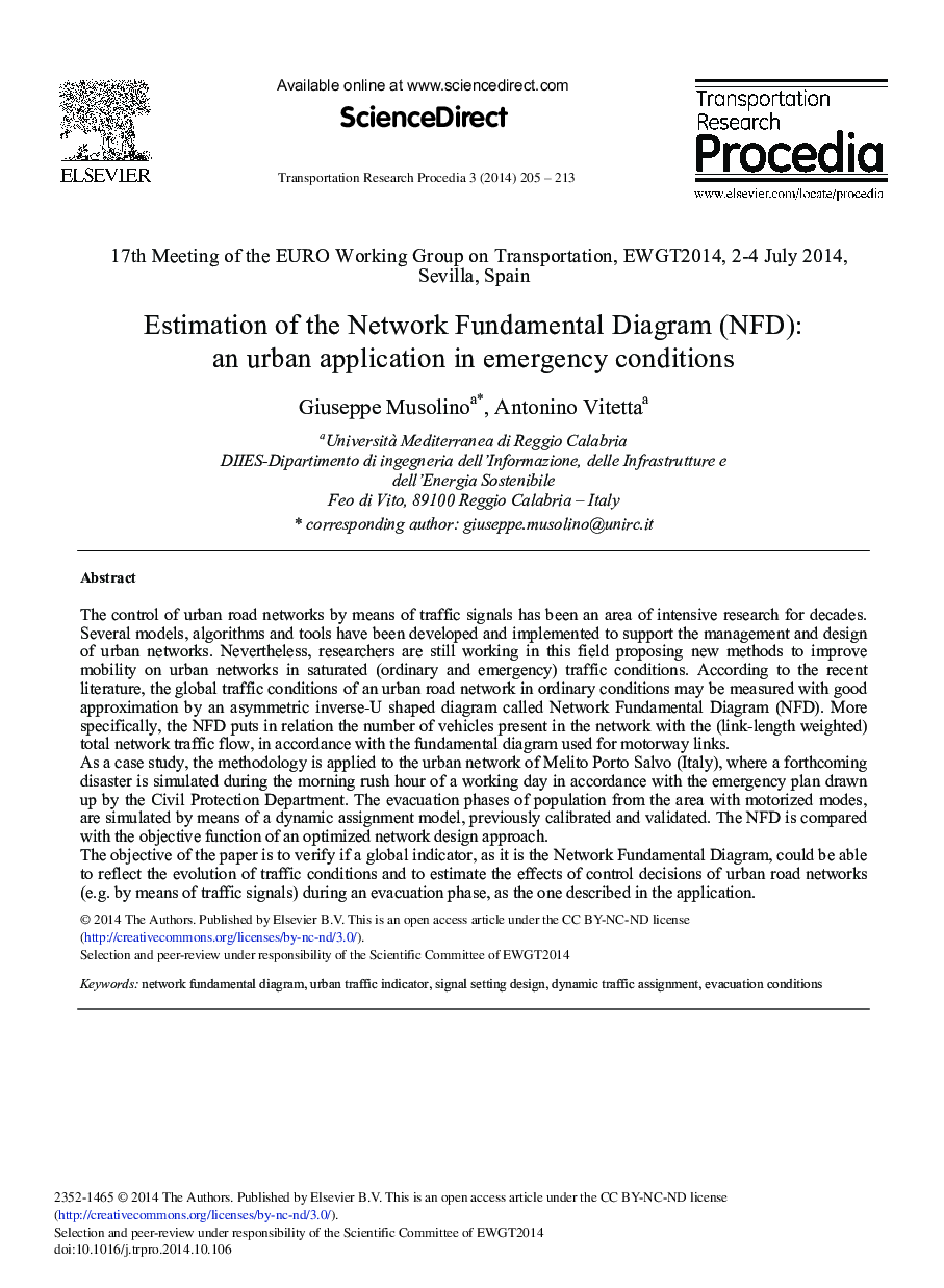 Estimation of the Network Fundamental Diagram (NFD): An Urban Application in Emergency Conditions 