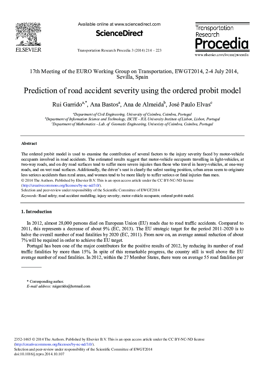 Prediction of Road Accident Severity Using the Ordered Probit Model 