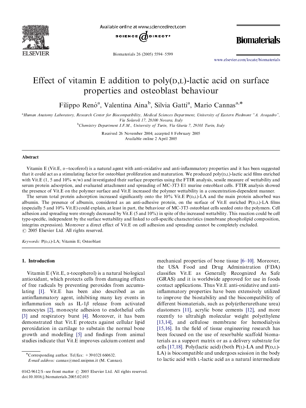 Effect of vitamin E addition to poly(d,l)-lactic acid on surface properties and osteoblast behaviour