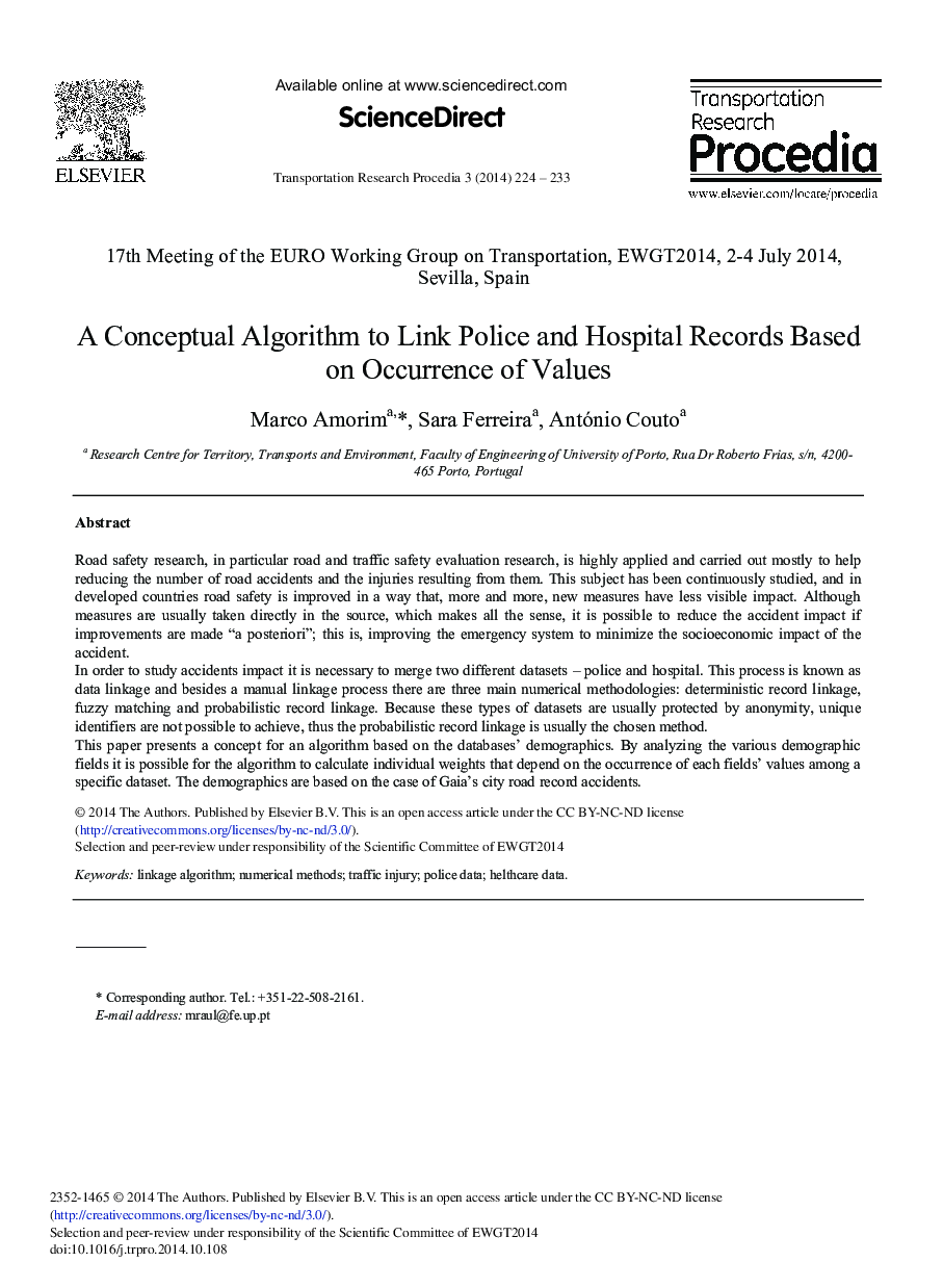 A Conceptual Algorithm to Link Police and Hospital Records Based on Occurrence of Values 