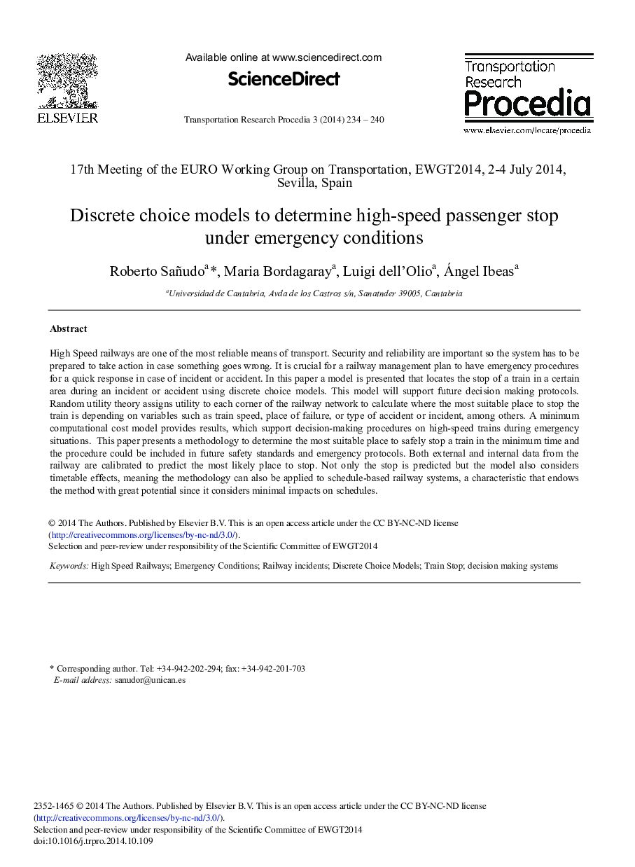 Discrete Choice Models to Determine High-speed Passenger Stop Under Emergency Conditions 