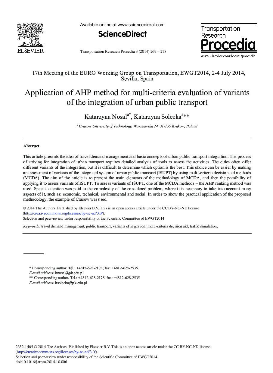 Application of AHP Method for Multi-criteria Evaluation of Variants of the Integration of Urban Public Transport 