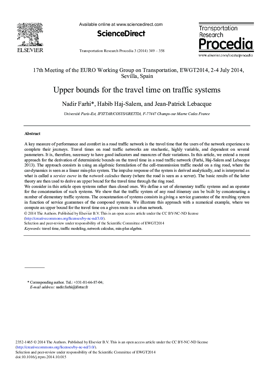 Upper Bounds for the Travel Time on Traffic Systems 