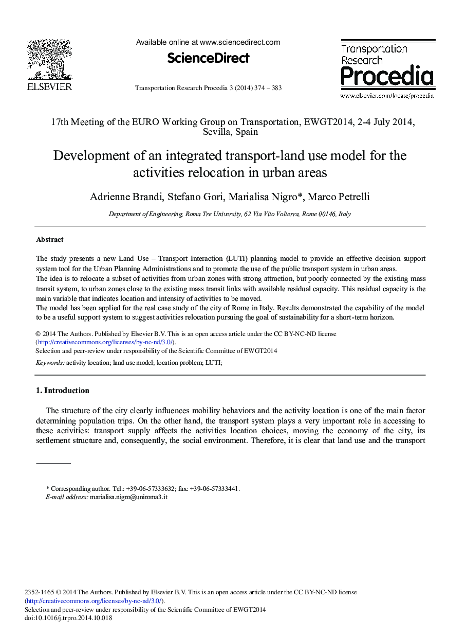 Development of an Integrated Transport-land Use Model for the Activities Relocation in Urban Areas 