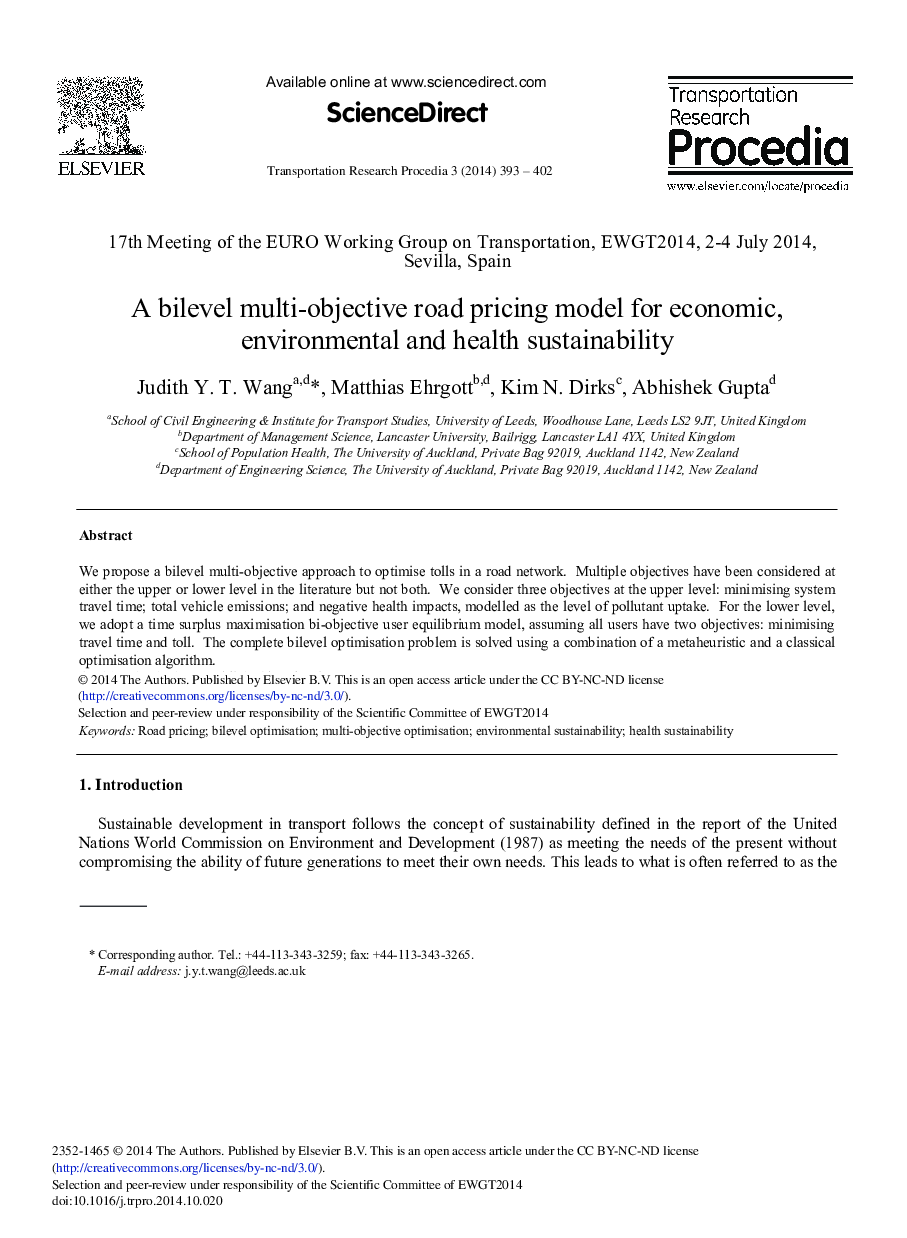 A Bilevel Multi-objective Road Pricing Model for Economic, Environmental and Health Sustainability 