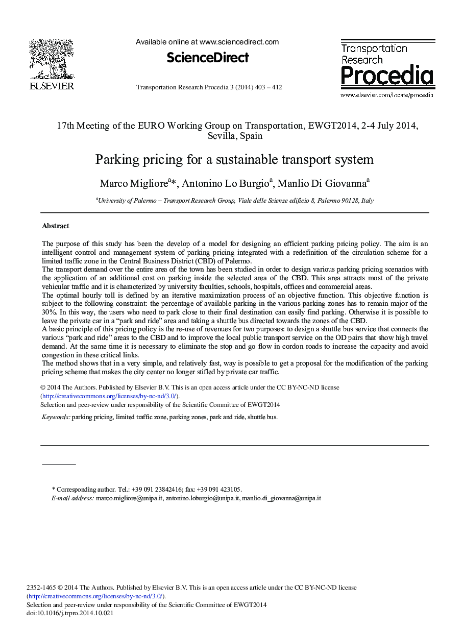 Parking Pricing for a Sustainable Transport System 