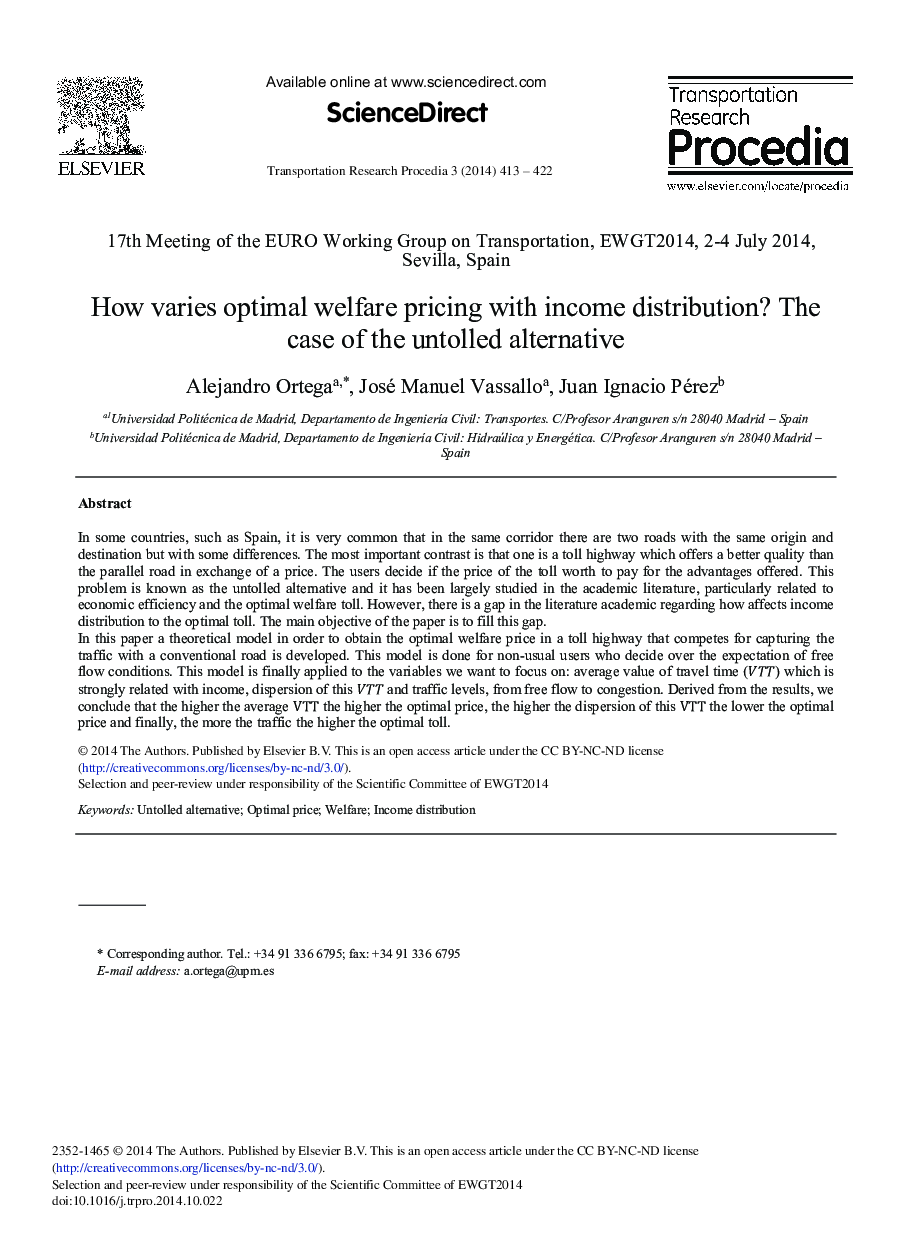 How Varies Optimal Welfare Pricing with Income Distribution? The Case of the Untolled Alternative 