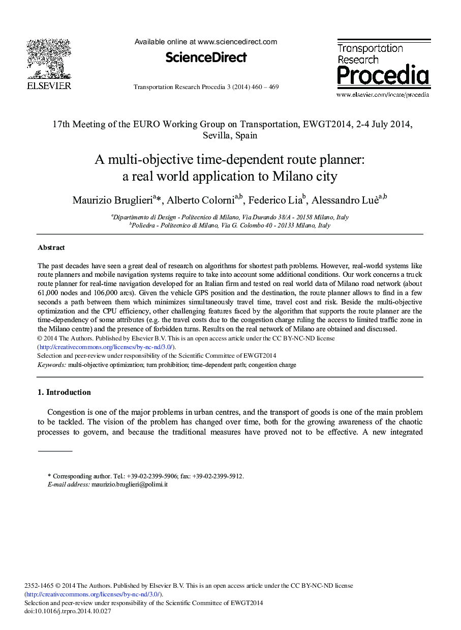 A Multi-objective Time-dependent Route Planner: A Real World Application to Milano City 