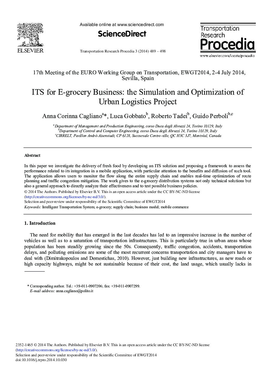 ITS for E-grocery Business: The Simulation and Optimization of Urban Logistics Project 