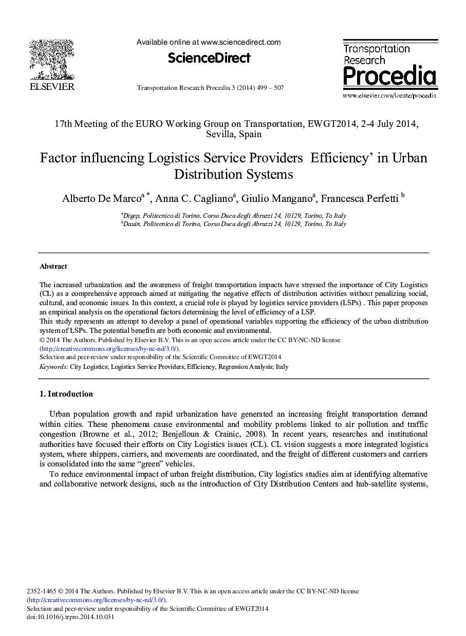 Factor Influencing Logistics Service Providers Efficiency’ in Urban Distribution Systems 