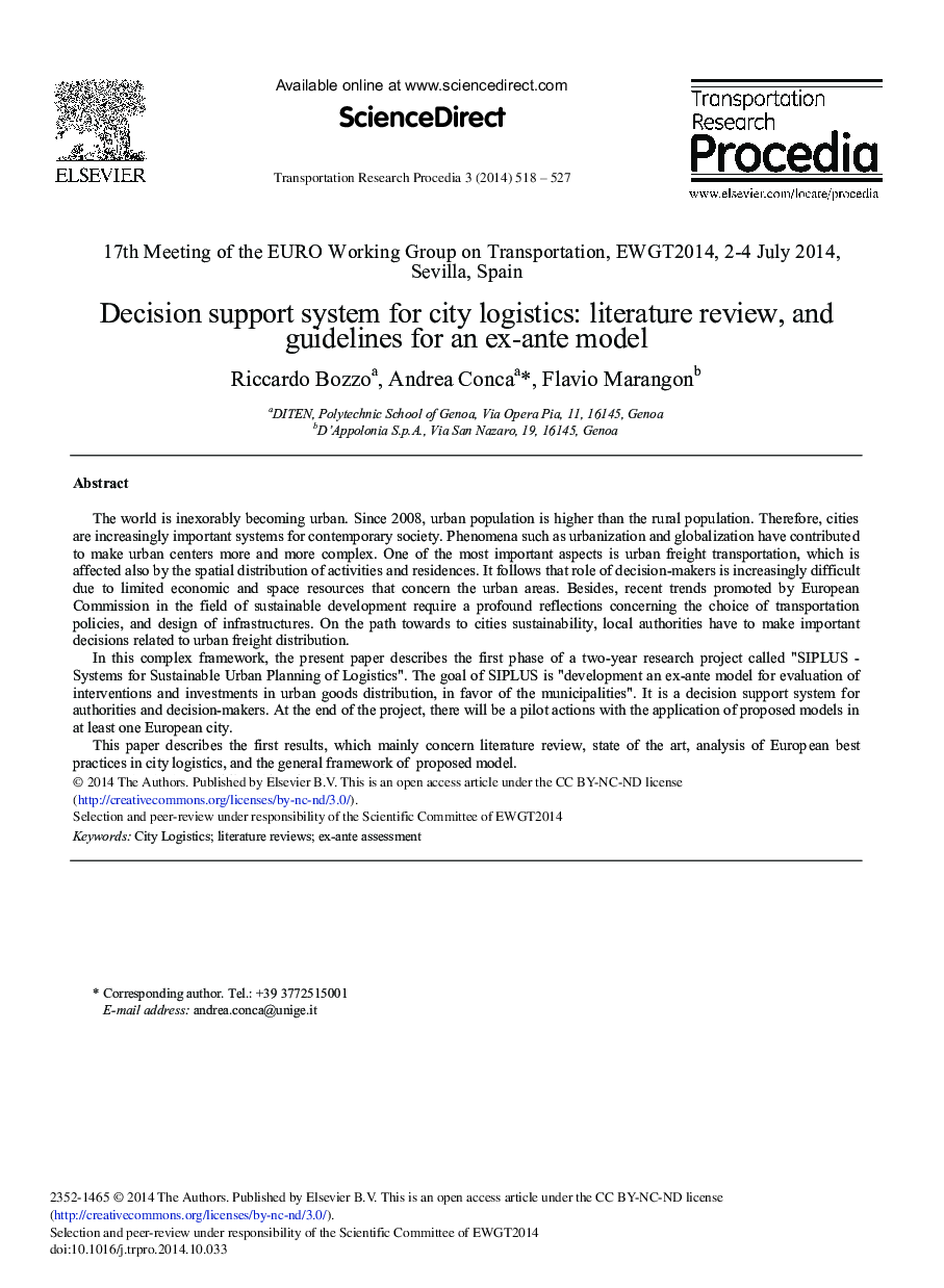 Decision Support System for City Logistics: Literature Review, and Guidelines for an Ex-ante Model 