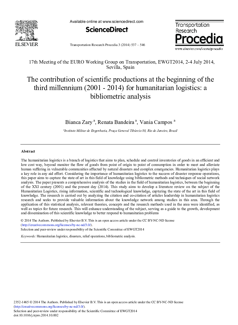 The Contribution of Scientific Productions at the Beginning of the Third Millennium (2001 – 2014) for Humanitarian Logistics: A Bibliometric Analysis 