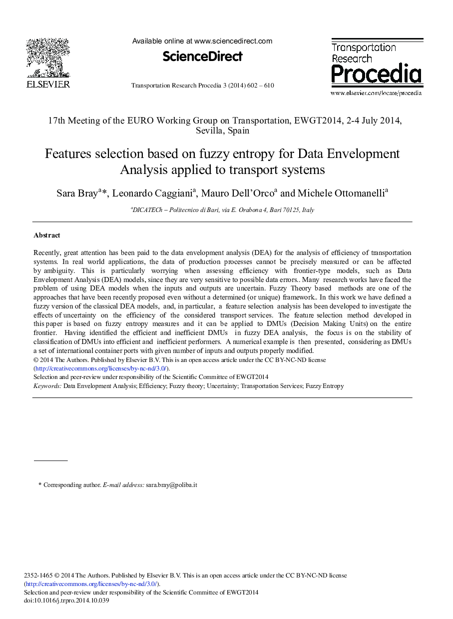 Features Selection based on Fuzzy Entropy for Data Envelopment Analysis Applied to Transport Systems 