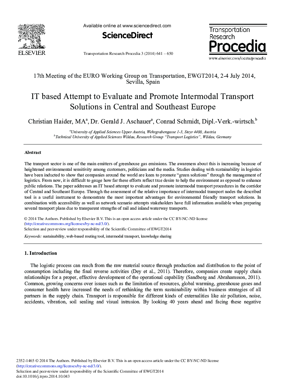 IT Based Attempt to Evaluate and Promote Intermodal Transport Solutions in Central and Southeast Europe 