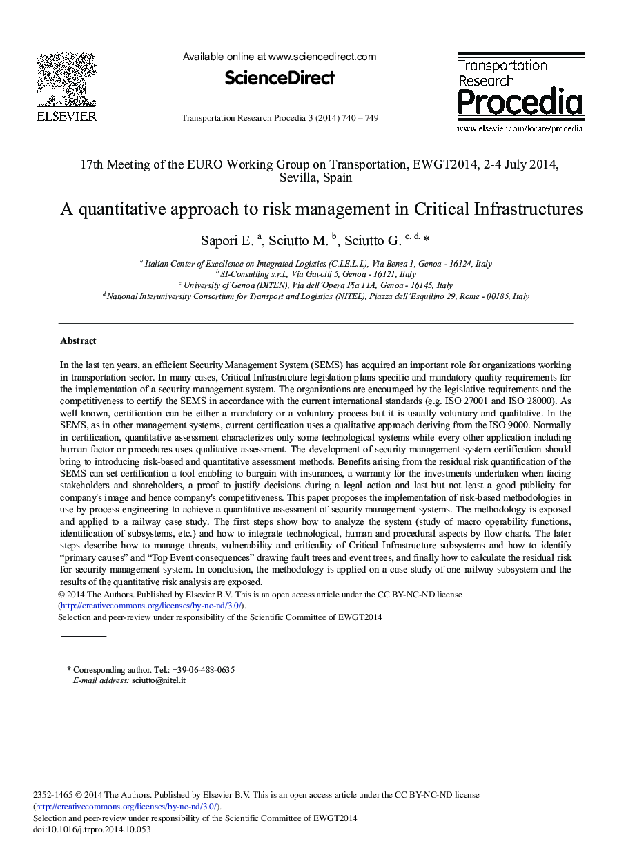 A Quantitative Approach to Risk Management in Critical Infrastructures 