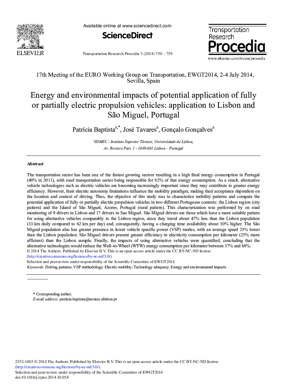 Energy and Environmental Impacts of Potential Application of Fully or Partially Electric Propulsion Vehicles: Application to Lisbon and São Miguel, Portugal 