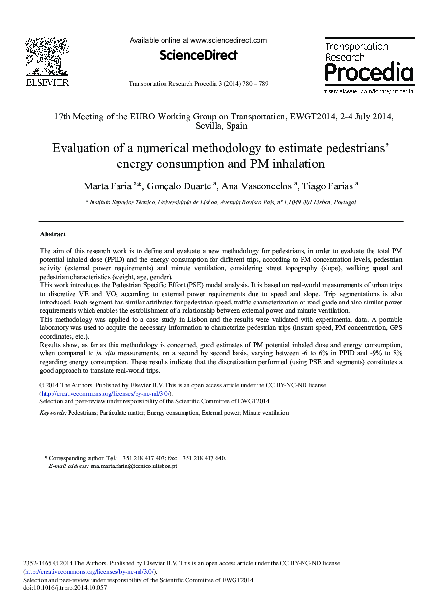 Evaluation of a Numerical Methodology to Estimate Pedestrians’ Energy Consumption and PM Inhalation 