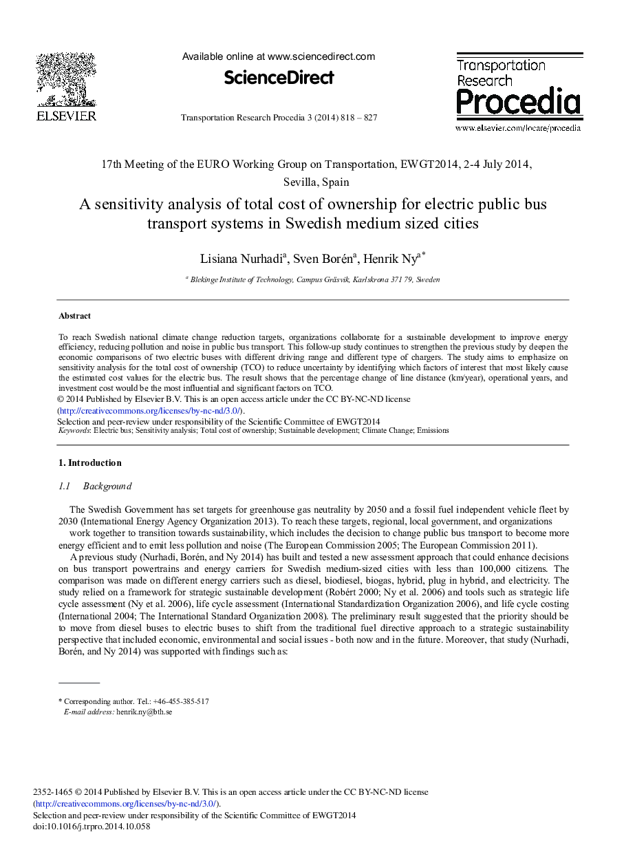 A Sensitivity Analysis of Total Cost of Ownership for Electric Public Bus Transport Systems in Swedish Medium Sized Cities 